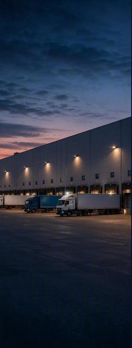 Andenes de carga de un centro de distribución al atardecer, con camiones estacionados