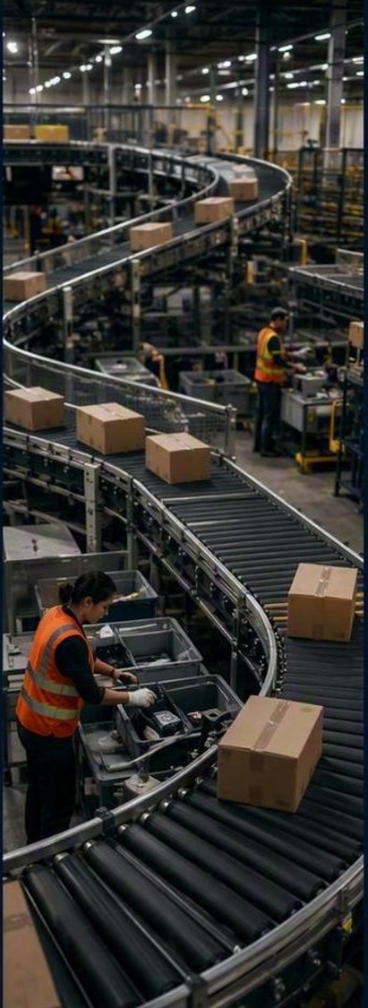 Operarios trabajando junto a un transportador de bultos en un centro de fulfillment