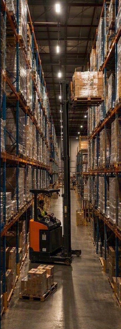 Pasillo de bodega con racks en altura y una grúa horquilla operando